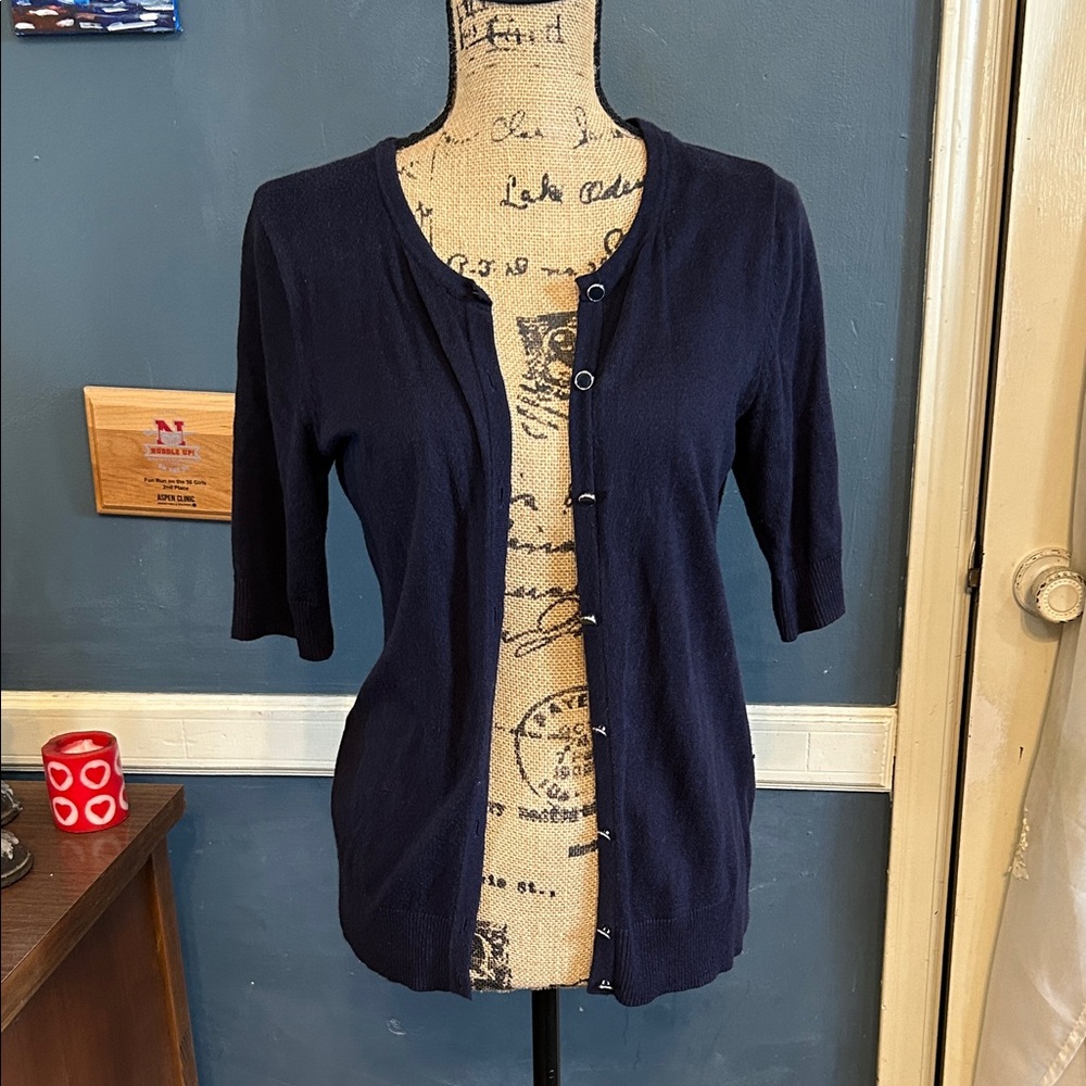 Navy Short-Sleeve Button Front Cardigan
